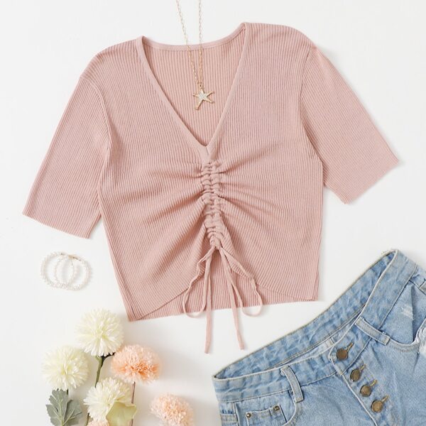 

Drawstring Front Crop Rib Knit Top, Baby pink