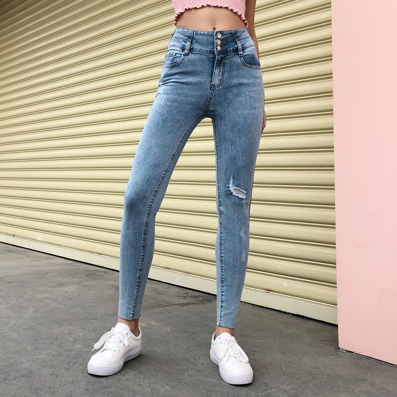 

High Waist Ripped Skinny Jeans, Light wash