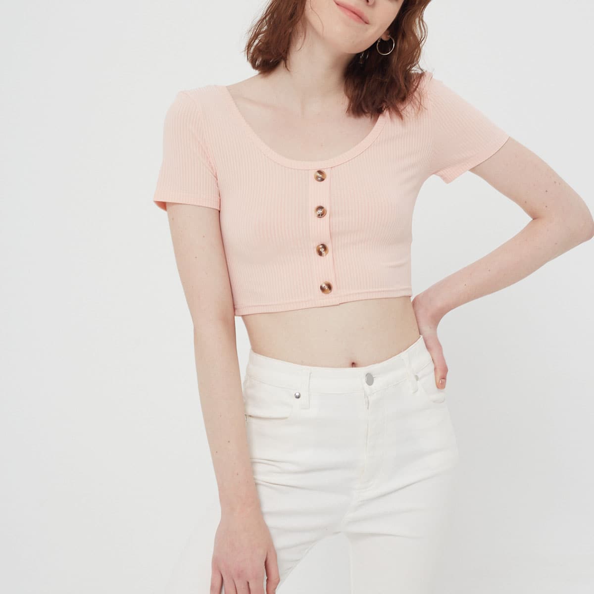 

Button Ribbed Crop Top, Baby pink