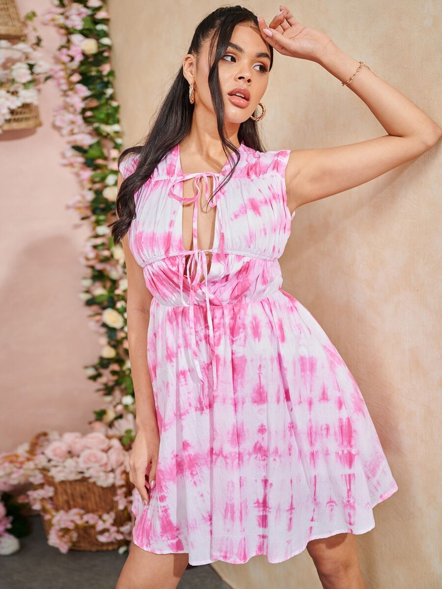 SHEIN VCAY Đầm Thắt nơ trước Cà vạt nhuộm Boho - Nhiều màu - Xem 1