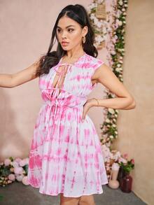 SHEIN VCAY Đầm Thắt nơ trước Cà vạt nhuộm Boho - Nhiều màu - Xem 3