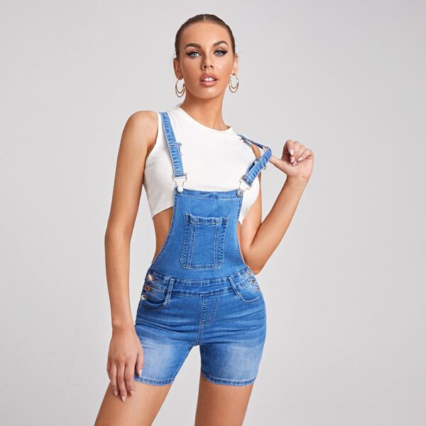 

Button Detail Denim Overalls Without Tank, Medium wash