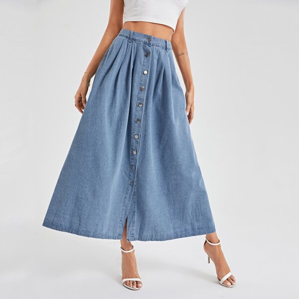 

High Waist Button Front Denim Skirt, Light wash