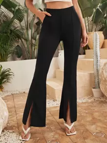 SHEIN Tall Split Hem Flared Leg Trousers - Black - View 1