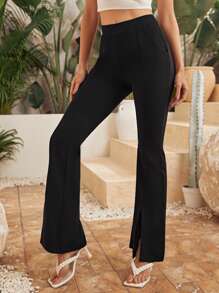 SHEIN Tall Split Hem Flared Leg Trousers - Black - View 3