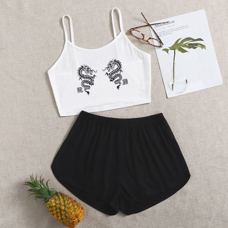

Chinese Letter & Dragon Print Cami PJ Set, Black and white