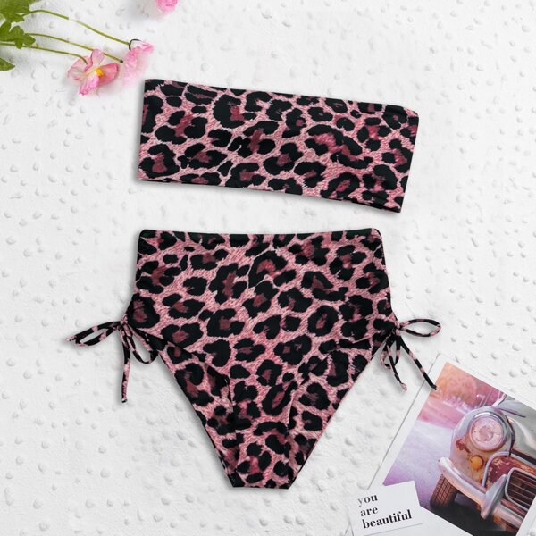 

Leopard Bandeau High Waisted Bikini Swimsuit, Multicolor