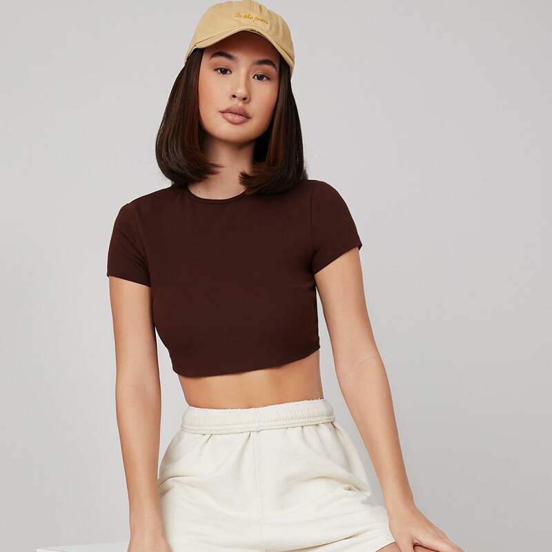 

Cap Sleeve Solid Crop Tee, Chocolate brown