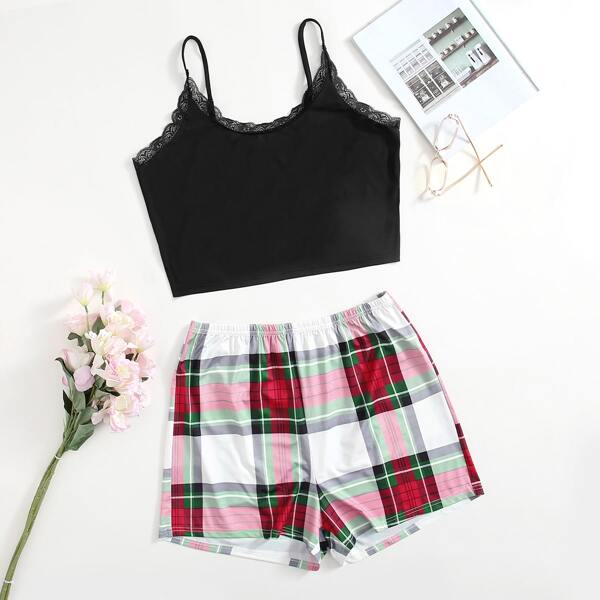 

Plus Contrast Lace Plaid Cami PJ Set, Multicolor