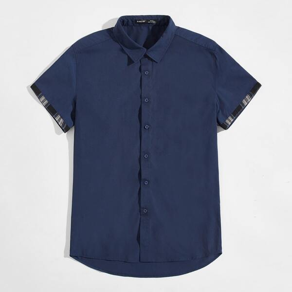 

Men Contrast Trim Single Breasted Shirt, Navy blue