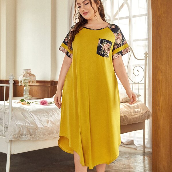 

Plus Contrast Floral Night Dress, Yellow