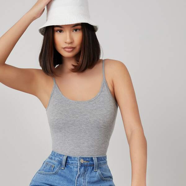 

Form Fitted Solid Cami Bodysuit, Grey