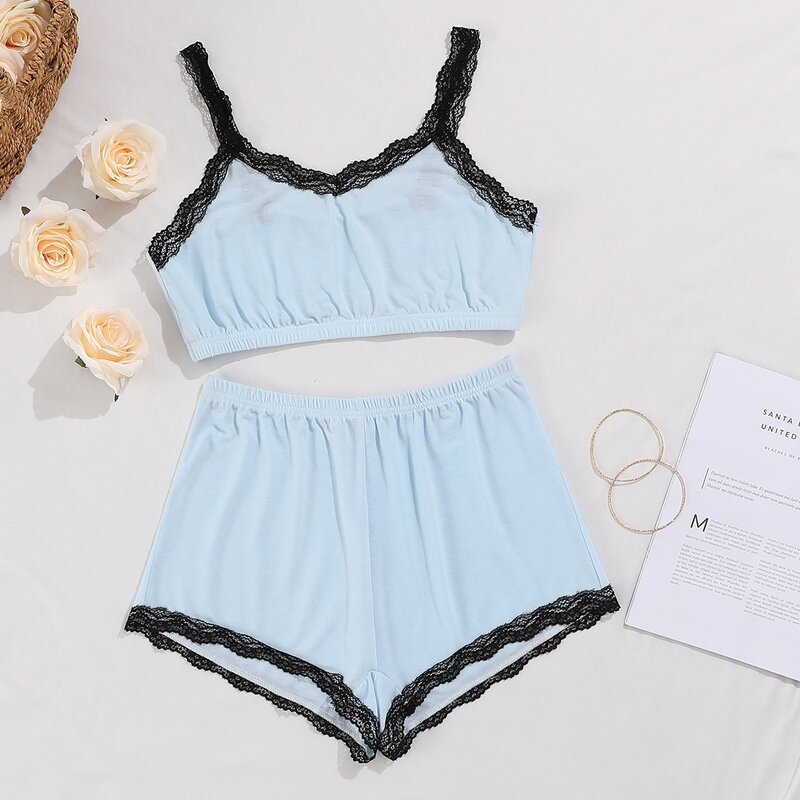 

Contrast Lace Cami Pajama Set, Baby blue