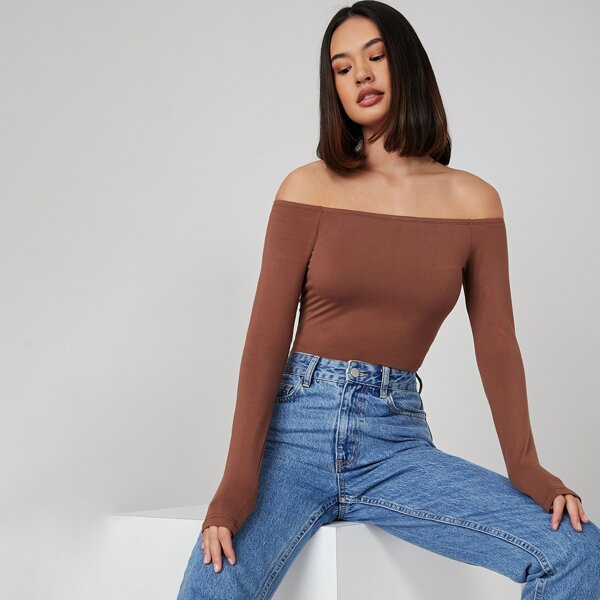 

Off Shoulder Form Fitted Solid Bodysuit, Rust brown