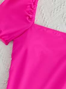 Lace Up Back One Piece Swimsuit - Hot Pink - View 3