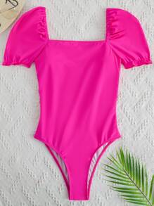 Lace Up Back One Piece Swimsuit - Hot Pink - View 5