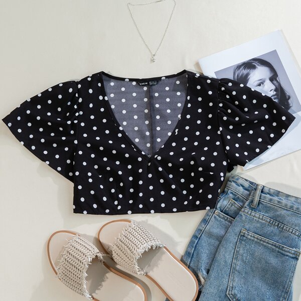 

Flounce Sleeve Polka Dot Crop Top, Black and white