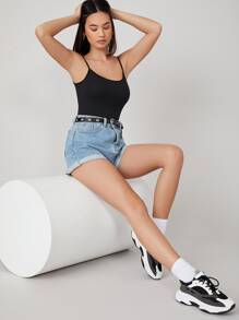 SHEIN BASICS Solid Form Fitted Slip Bodysuit - Black - View 5