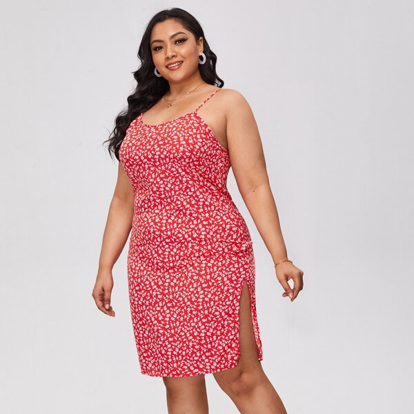 

Plus Ditsy Floral Split Thigh Cami Dress, Red