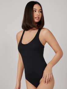 SHEIN BASICS Áo liền quần chặt màu trơn Giải trí - màu đen - Xem 3