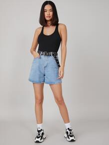 SHEIN BASICS Áo liền quần chặt màu trơn Giải trí - màu đen - Xem 4