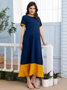 SHEIN فساتين الأمومة الزر حاجز اللون كاجوال - أزرق بحري - مشاهدة 4