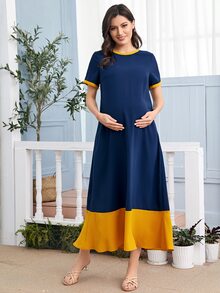 SHEIN فساتين الأمومة الزر حاجز اللون كاجوال - أزرق بحري - مشاهدة 5