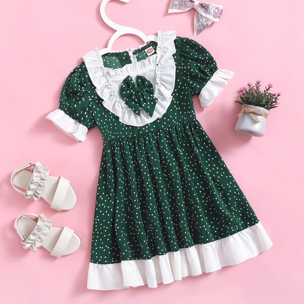 

Toddler Girls Polka Dot Bow Front Flounce Sleeve A-line Dress, Dark green