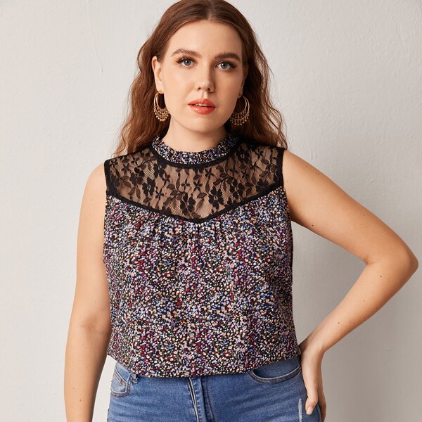 

Plus Ditsy Floral Contrast Lace Tank Top, Multicolor
