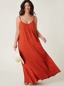 SHEIN BASICS Plus Double V-neck Solid Cami Dress - Burnt Orange - View 1