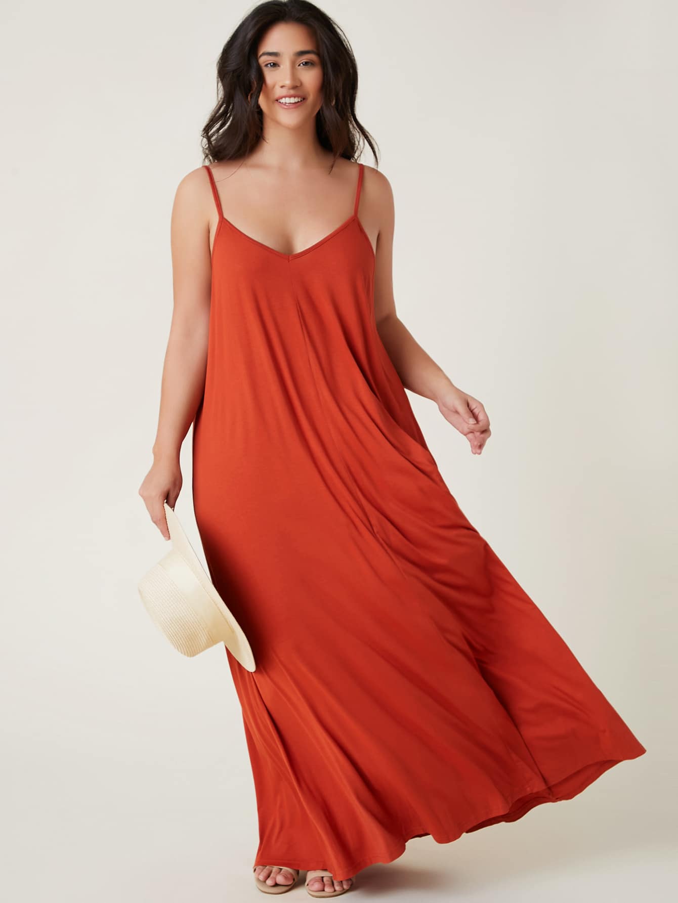 SHEIN BASICS Plus Double V-neck Solid Cami Dress - Burnt Orange - View 1