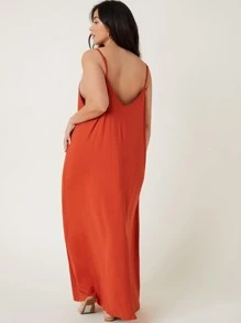 SHEIN BASICS Plus Double V-neck Solid Cami Dress - Burnt Orange - View 2