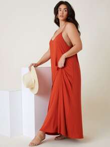 SHEIN BASICS Plus Double V-neck Solid Cami Dress - Burnt Orange - View 3