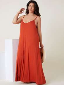 SHEIN BASICS Plus Double V-neck Solid Cami Dress - Burnt Orange - View 4