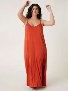 SHEIN BASICS Plus Double V-neck Solid Cami Dress - Burnt Orange - View 5