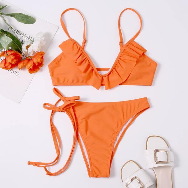 

Ruffle Trim Tie Side Bikini Swimsuit, Orange