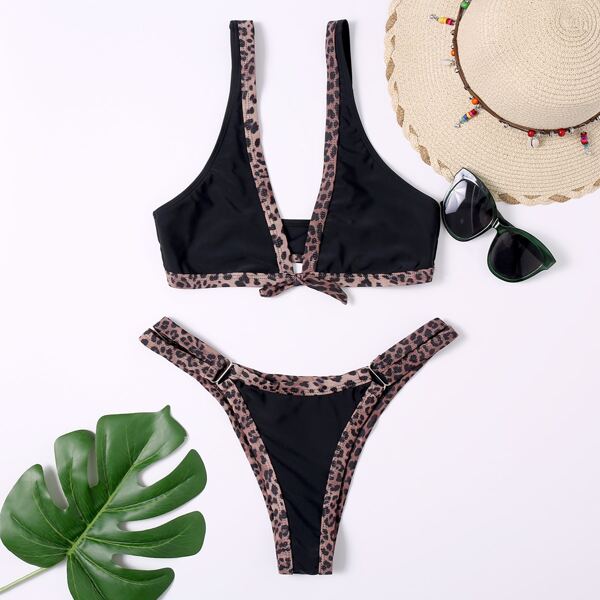 

Contrast Binding Knot Front Bikini Swimsuit, Black