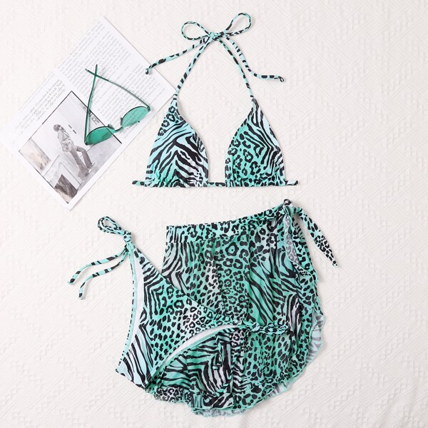 

3pack Leopard Halter Bikini Swimsuit & Beach Skirt, Green