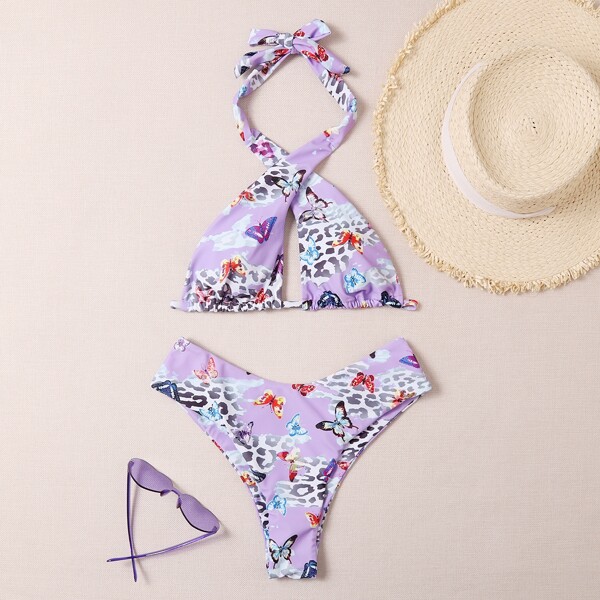 

Butterfly & Leopard Cross Halter Bikini Swimsuit, Multicolor