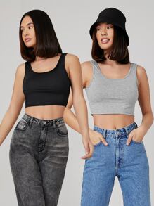 SHEIN 2 Paquetes de Top corto de punto con cuello de pico y color liso - Multicolor - Ver 1