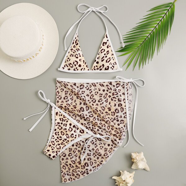 

3pack Leopard Triangle Thong Bikini Swimsuit, Multicolor