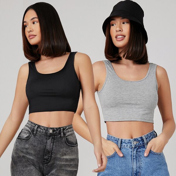 

2 Pack Scoop Neck Solid Crop Tank Top, Multicolor
