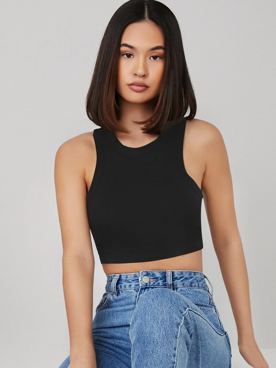 SHEIN BASICS Solid Crop Tank Top - Black - View 1