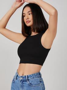 SHEIN BASICS Solid Crop Tank Top - Black - View 3
