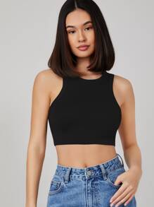 SHEIN BASICS Solid Crop Tank Top - Black - View 4