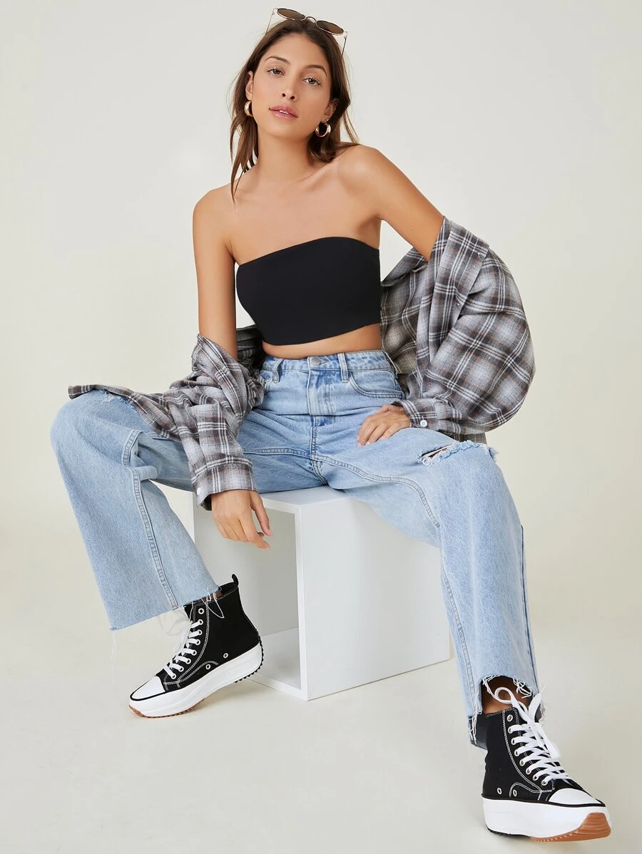 SHEIN BASICS Áo nữ màu trơn Gợi cảm - màu đen - Xem 1