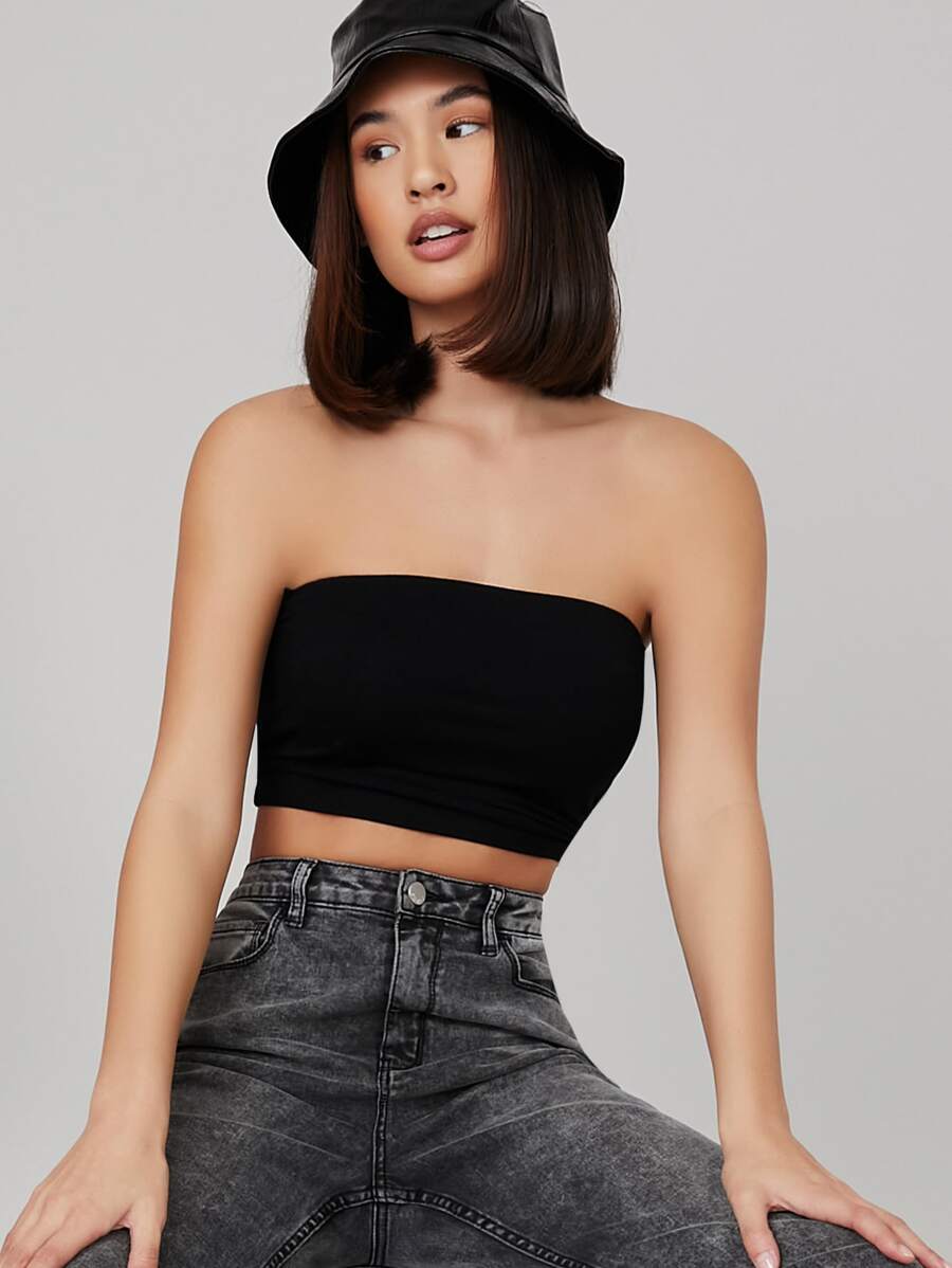 SHEIN BASICS Solid Bandeau Top - Black - View 1