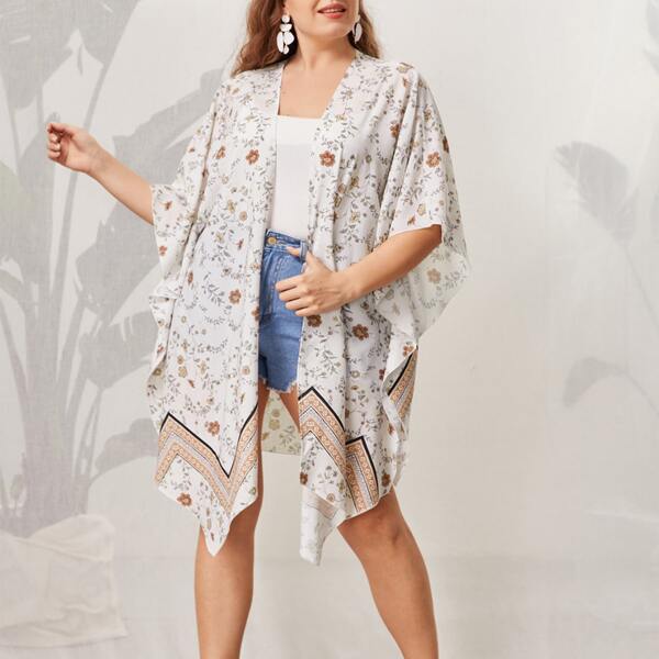 

Plus Floral Print Hanky Hem Kimono, White