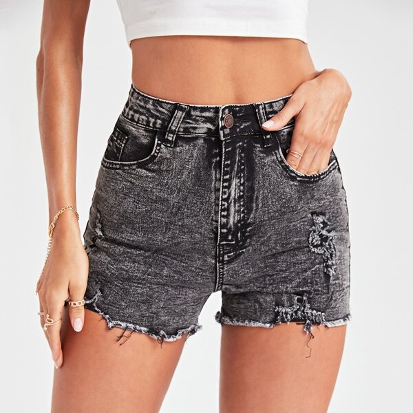 

High Waist Ripped Raw Hem Denim Shorts, Black