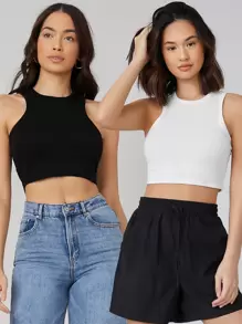 SHEIN BASICS 2 Paquetes Top Corto de Mujer - Blanco y Negro - Ver 1